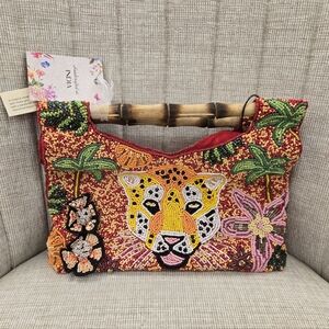 Embellished Beaded Cheetah Handbag with Bamboo Handle